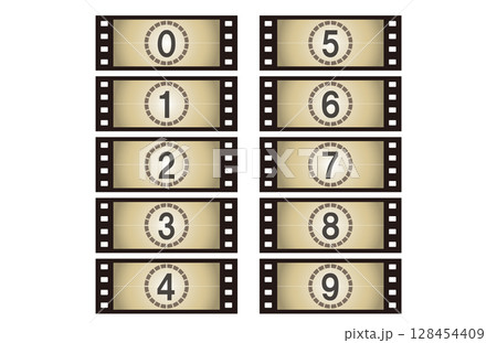 映画のカウントダウン70ミリフィルム、映画、アニメーション開始タイマーのレトロ背景 128454409