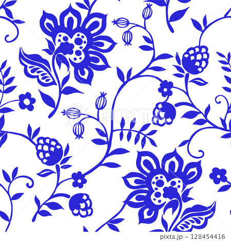 Vector seamless pattern with oriental ornaments. Blue floral print. Vector seamless pattern with oriental ornaments. Blue floral print. 128454416