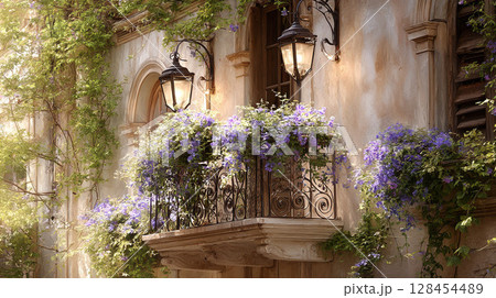 ツタと花飾りのあるバルコニー 128454489
