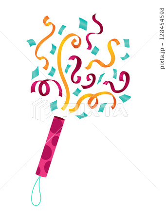 Party popper icon. Holiday popper cone with confetti, congratulate or celebrate element. Exploding cracker icon in flat design. Vector illustration isolated on white background Party popper icon. Holiday popper cone with confetti, congratulate or celebrate element. Exploding cracker icon in flat design. Vector illustration isolated on white background 128454598