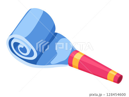 Party blower or noise maker icon. Rolled sound, celebration concept. Flat design of party horn sticker. Vector cartoon illustration 128454600