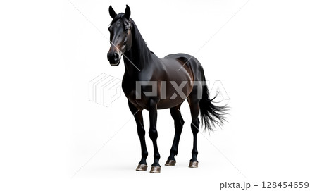 Majestic black horse standing gracefully against a plain white background with a confident demeanor 128454659