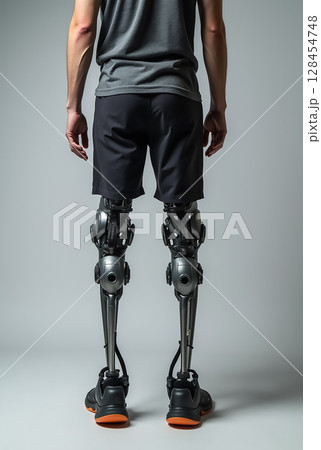 Person with advanced prosthetic legs stands in a studio, showcasing modern technology in mobility and rehabilitation 128454748