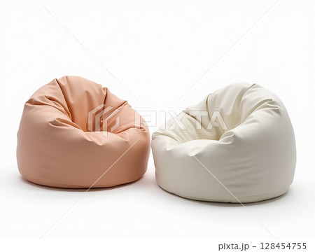 Two comfortable bean bag chairs in pastel colors ideal for relaxation and casual seating in any modern interior space 128454755