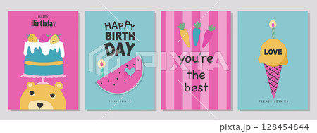 Set of children's birthday greeting cards .Cute animals design.poster,template,greeting cards,bear,Vector illustrations. 128454844
