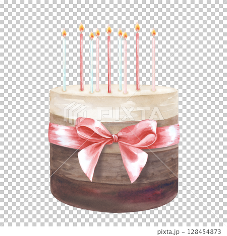 A hand-painted chocolate cake with candles, tied with a pink ribbon. The watercolor illustration is isolated on a white background. A template for postcards, invitations, menus, and business cards. 128454873