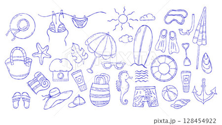 la dolce vita aesthetics. Outline Mediterranean summer beach Doodle icons collection. Isolated vector hand drawn beachwear, accessories and nautical leisure items. Not AI la dolce vita aesthetics. Outline Mediterranean summer beach Doodle icons collection. Isolated vector hand drawn beachwear, accessories and nautical leisure items. Not AI 128454922