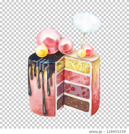 A hand-drawn cake with colorful cakes, chocolate drops, decorated with balloons and a greeting card. The watercolor illustration is isolated on a white background. A template for postcards. 128455239