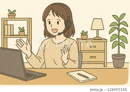 日本人女性が自宅でWeb会議に参加する様子 128455338