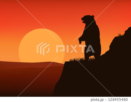wild brown bear rearing up at sunset mountain cliff vector silhouette lanscape wild brown bear rearing up at sunset mountain cliff vector silhouette lanscape 128455480