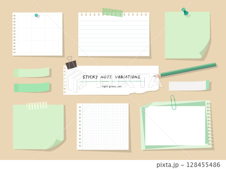 ノート、メモ、付箋の素材セット（ライトグリーン） 128455486