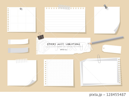 ノート、メモ、付箋の素材セット(白) ノート、メモ、付箋の素材セット(白) 128455487