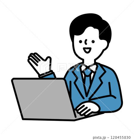 オンラインで会話するスーツのビジネスパーソン男性のイラスト素材 128455830