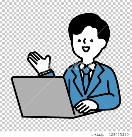 オンラインで会話するスーツのビジネスパーソン男性のイラスト素材 128455830