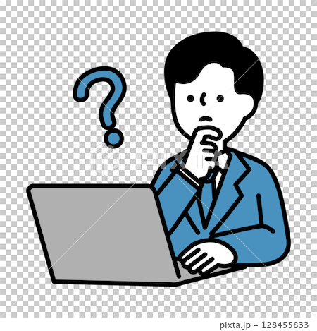 パソコンを操作しながら悩んでいるビジネスパーソン男性のイラスト素材 128455833