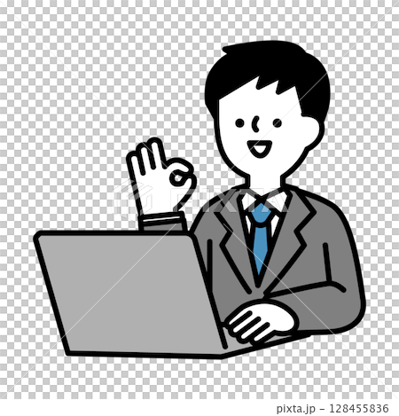 パソコンに向かってポジティブなポーズをとる笑顔のビジネスパーソン男性のイラスト素材 128455836
