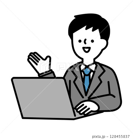 オンラインで会話するスーツのビジネスパーソン男性のイラスト素材 128455837