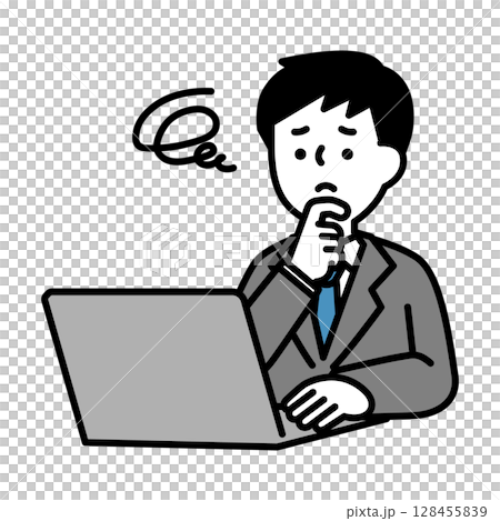 Illustration material of a male business person who is worried while operating a computer 128455839