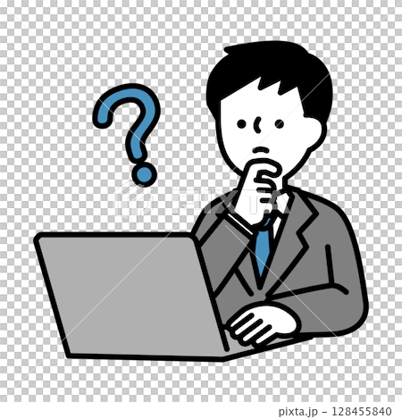 Illustration material of a male business person who is worried while operating a computer 128455840