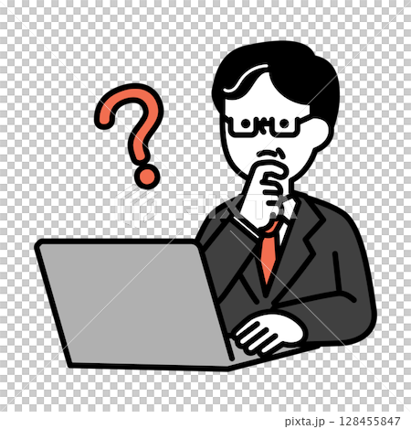 Illustration material of a middle-aged man who is worried while operating a computer 128455847
