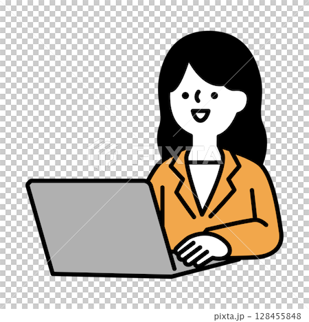 Illustration material of a business woman in a suit working on a laptop 128455848
