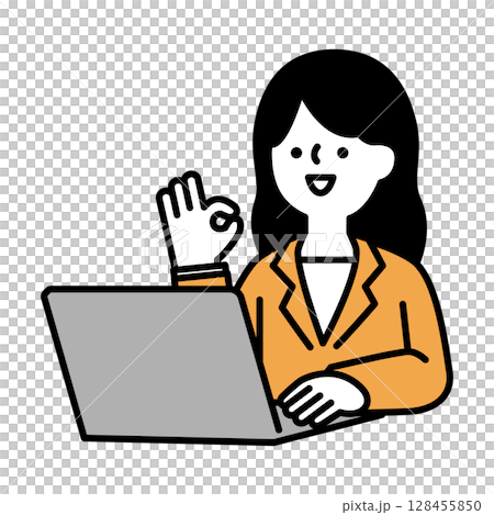 Illustration material of a smiling business woman posing positively at a computer 128455850