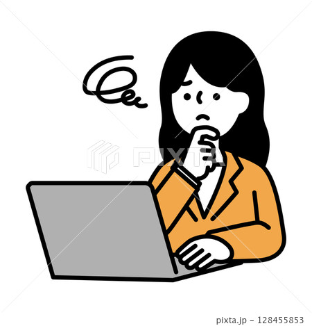パソコンを操作しながら悩んでいるビジネスパーソン女性のイラスト素材 パソコンを操作しながら悩んでいるビジネスパーソン女性のイラスト素材 128455853