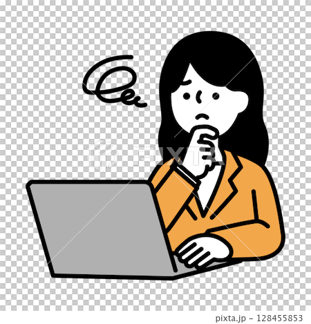 パソコンを操作しながら悩んでいるビジネスパーソン女性のイラスト素材 パソコンを操作しながら悩んでいるビジネスパーソン女性のイラスト素材 128455853