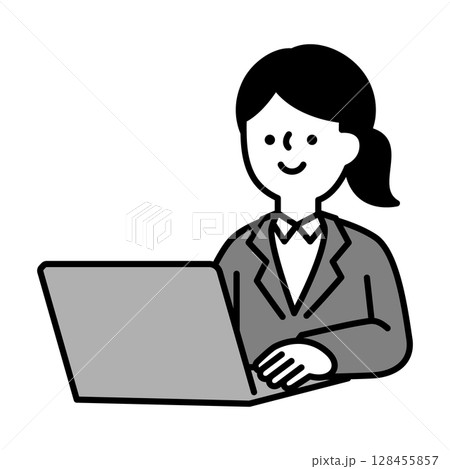 ノートパソコンを操作して仕事をしているスーツのビジネスパーソン女性のイラスト素材 ノートパソコンを操作して仕事をしているスーツのビジネスパーソン女性のイラスト素材 128455857