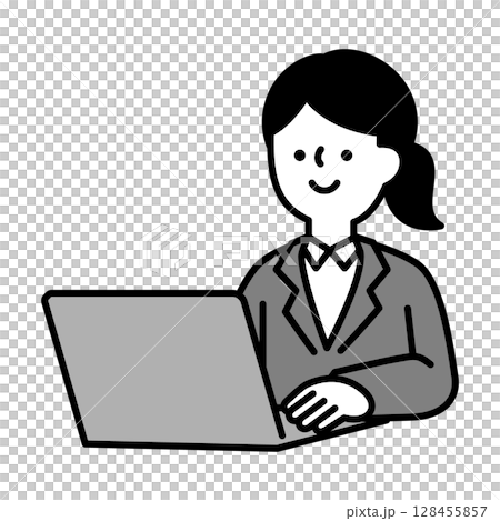 ノートパソコンを操作して仕事をしているスーツのビジネスパーソン女性のイラスト素材 ノートパソコンを操作して仕事をしているスーツのビジネスパーソン女性のイラスト素材 128455857