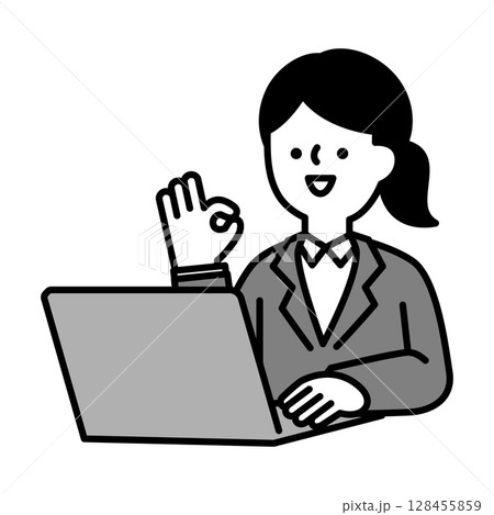 パソコンに向かってポジティブなポーズをとる笑顔のビジネスパーソン女性のイラスト素材 128455859