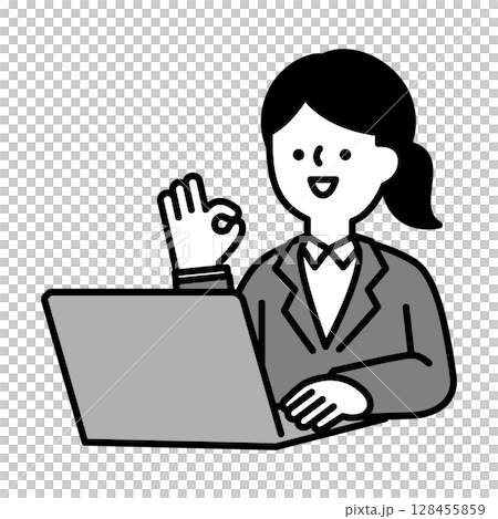 Illustration material of a smiling business woman posing positively at a computer 128455859