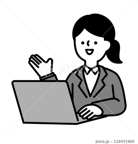 オンラインで会話するスーツのビジネスパーソン女性のイラスト素材 128455860