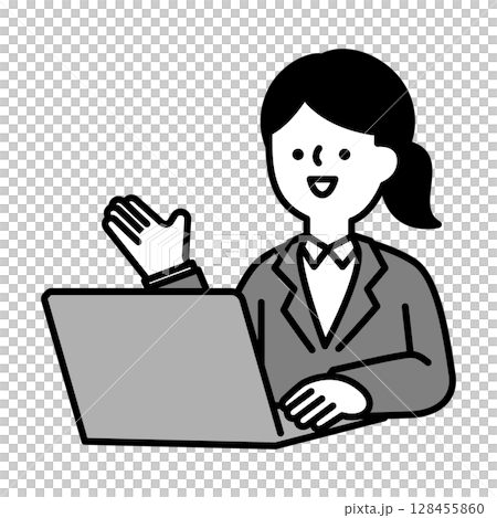 一位身穿西裝的女商人在網路上交談的插畫素材 128455860