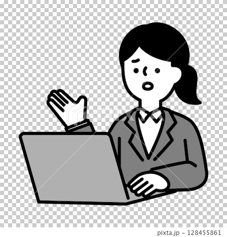 Image of a businesswoman with a troubled face having an online conversation. Illustration material 128455861