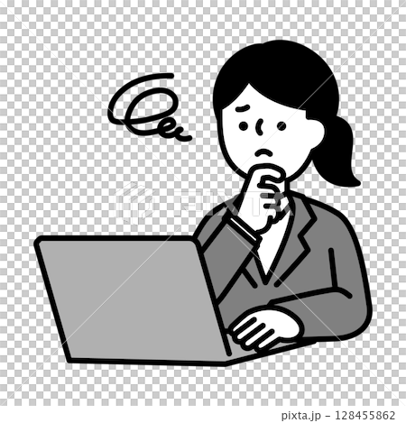 Illustration material of a business woman who is worried while operating a computer 128455862