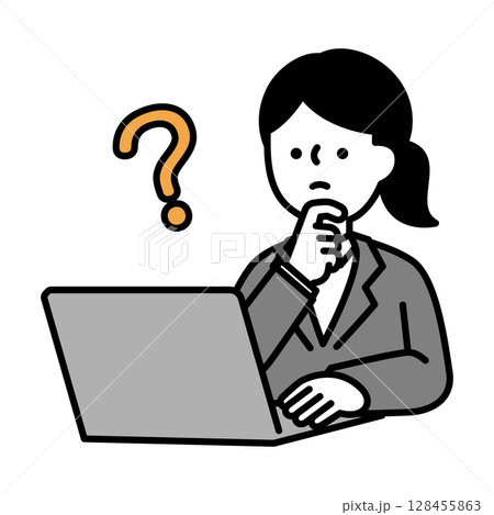 パソコンを操作しながら悩んでいるビジネスパーソン女性のイラスト素材 128455863