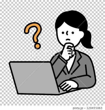 Illustration material of a business woman who is worried while operating a computer 128455863