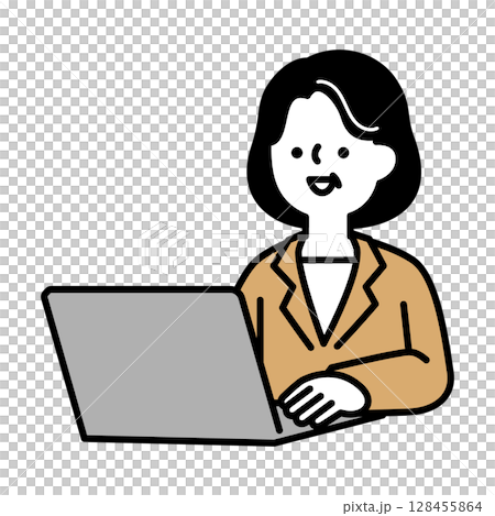 ノートパソコンを操作して仕事をしているミドル・シニア世代の女性のイラスト素材 128455864