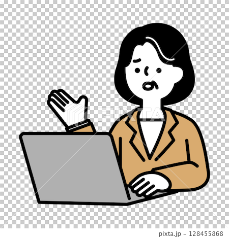 Image illustration of a middle-aged and senior woman with a troubled face having an online conversation 128455868
