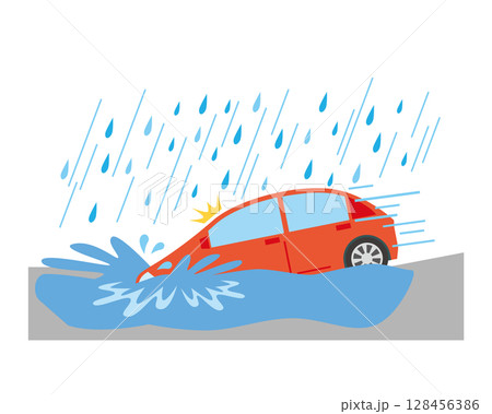 冠水に入り込む自動車 128456386