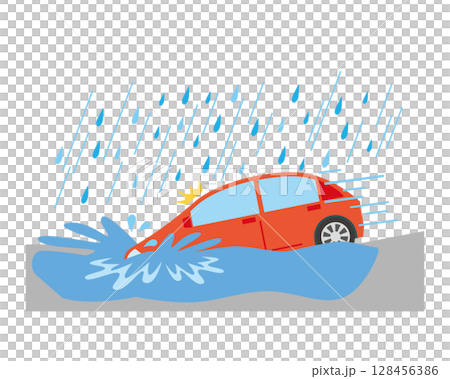 冠水に入り込む自動車 128456386