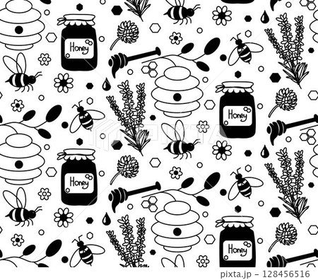 bee flowers and leaves seamless pattern. Vector graphic line illustration. Silhouette sign for logo, print, comics, fashion, pop art, boards, design, stickers, decoration, posters 128456516