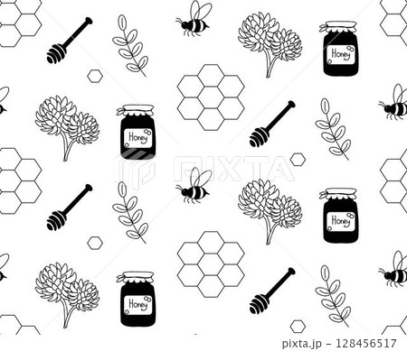 Cute bees, honey in jar, hive, honey spoon seamless pattern. Vector graphic line illustration. Silhouette sign for logo, print, comics, fashion, pop art, boards, design, stickers, decoration, posters 128456517