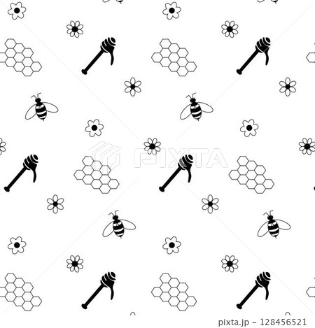 Honey and bee comb simple flowers seamless pattern. Vector graphic line illustration. design for fashion graphics, textile prints, fabrics, wallpapers. For logo, web, package, sticker. 128456521