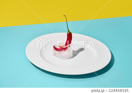 Red chili pepper frozen inside ice cube on white plate with vibrant background 128456585