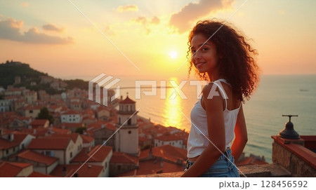 地中海のオレンジの夕日に照らされる女性 地中海のオレンジの夕日に照らされる女性 128456592