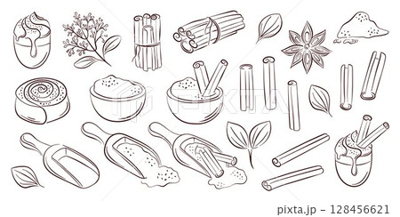 Cinnamon spice set with stick, powder scoop, flower, roll and leaf in line art style. Ideal for recipe book, packaging, kitchen decor and culinary design project. Cinnamon spice set with stick, powder scoop, flower, roll and leaf in line art style. Ideal for recipe book, packaging, kitchen decor and culinary design project. 128456621
