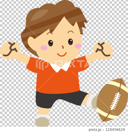 ラグビーボールを蹴る笑顔の男の子のイラスト 128456629
