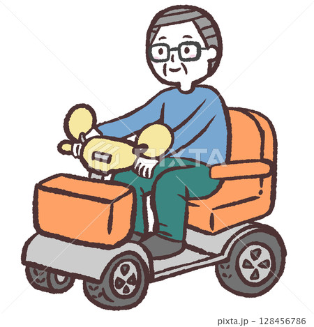 電動シニアカーに乗るシニア男性のイラスト 電動シニアカーに乗るシニア男性のイラスト 128456786